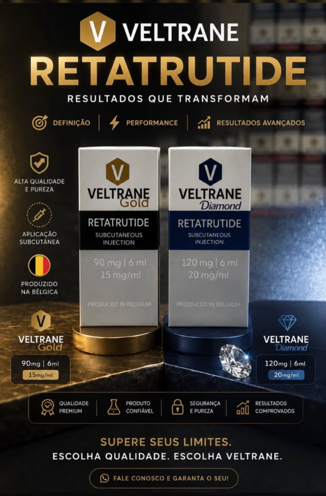 Material da linha Veltrane Retatrutide Gold 90 mg e Diamond 120 mg