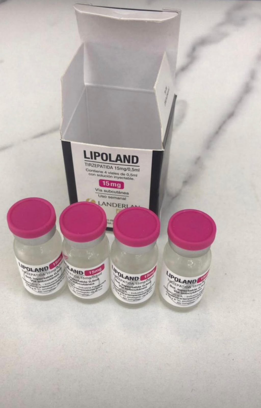 Frascos Lipoland 15 tirzepatida com tampa rosa e caixa Landerlan